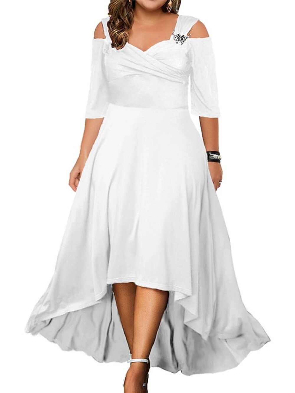 Women’s Beige Off Shoulder Swing Dress High Waist Summer Short Sleeve Maxi